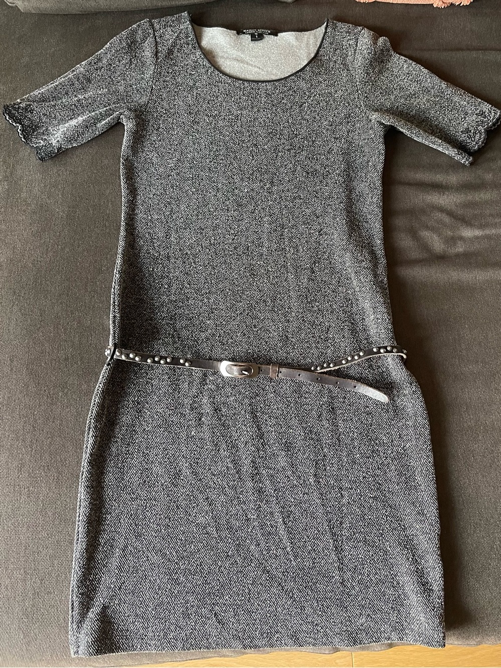 Scotch & Soda Charcoal Gray Knit Midi Dress with Studded Belt